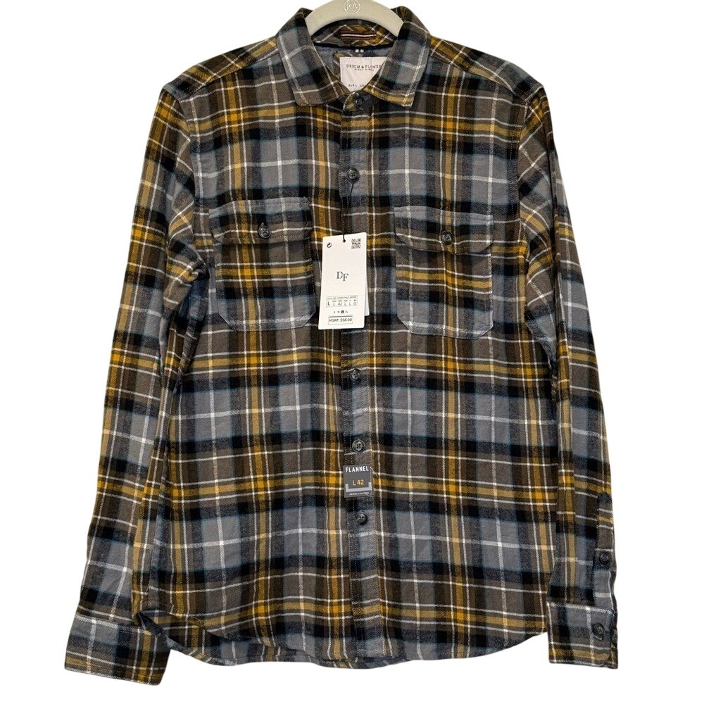NWT‎ Denim & Flower Flannel Shirt Lightweight Grey Brown Plaid - Large
